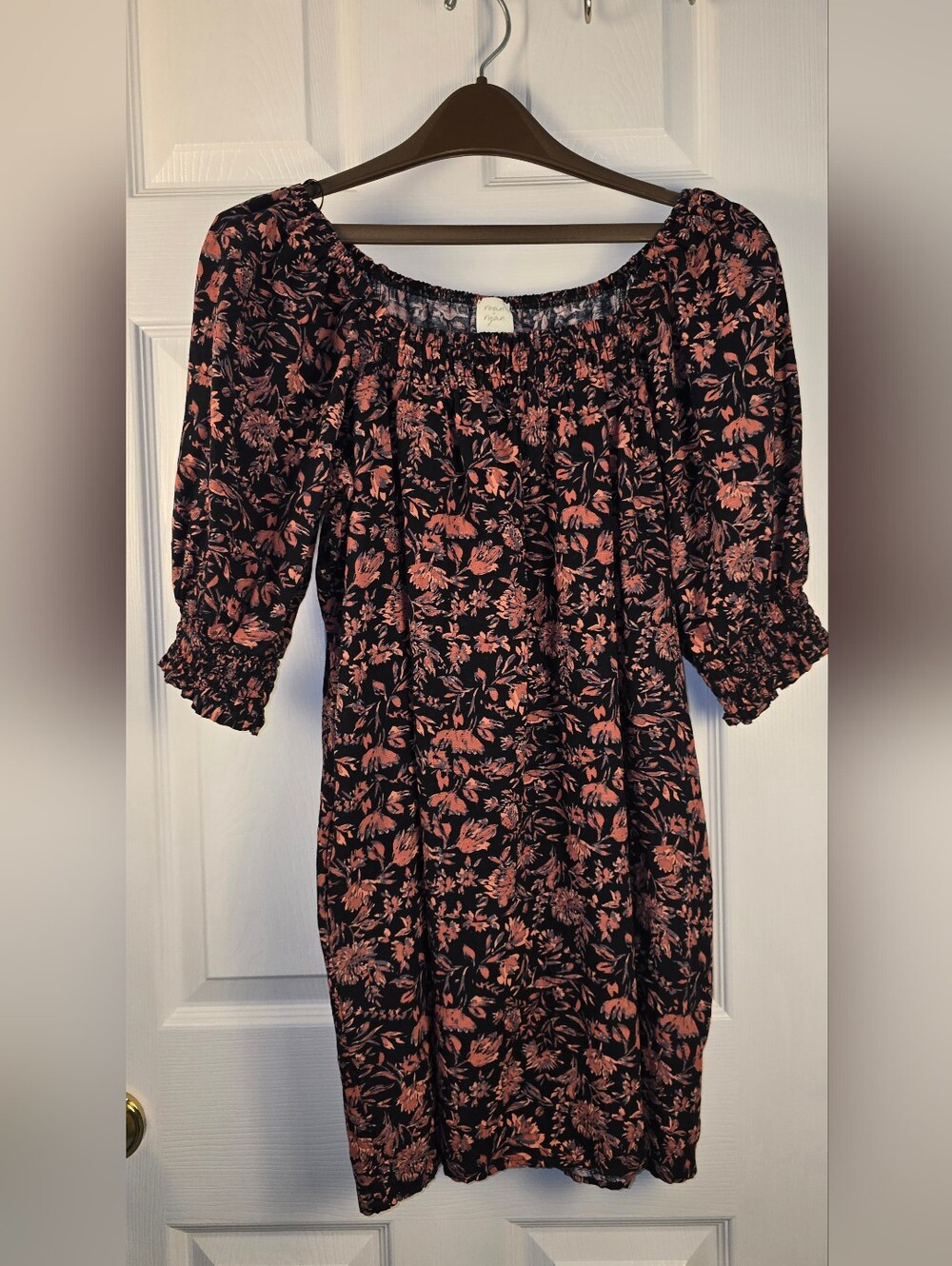 Smocked Off-Shoulder Dress in Black with Coral Floral Cottagecore Boho Style